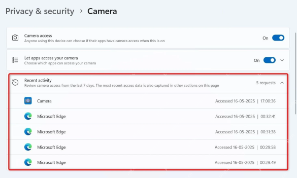 Win11 摄像头权限页的 Recent activity 记录列表