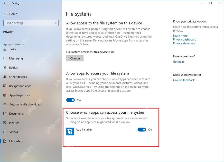 Win10 File system 页面按应用设置文件系统访问开关