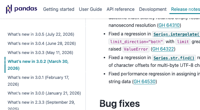 Pandas 官方 v3.0.2 发布说明展示 3.0 早期维护版本条目