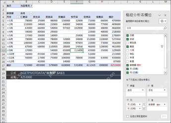 Excel数据透视表字段列表和数值区域界面