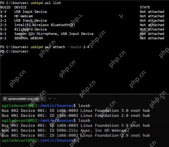 WSL 中用 lsusb 确认 USB 摄像头已附加