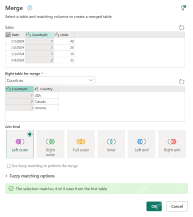 Power Query 合并窗口中选中 CountryID 匹配列并显示左连接方式