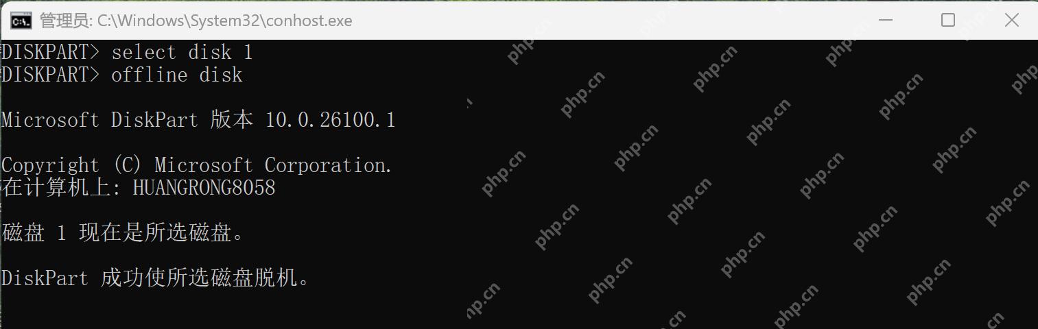 DiskPart 选择演示磁盘 1 后执行 offline disk 并成功脱机