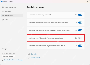OneDrive 通知设置中管理文件同步提醒