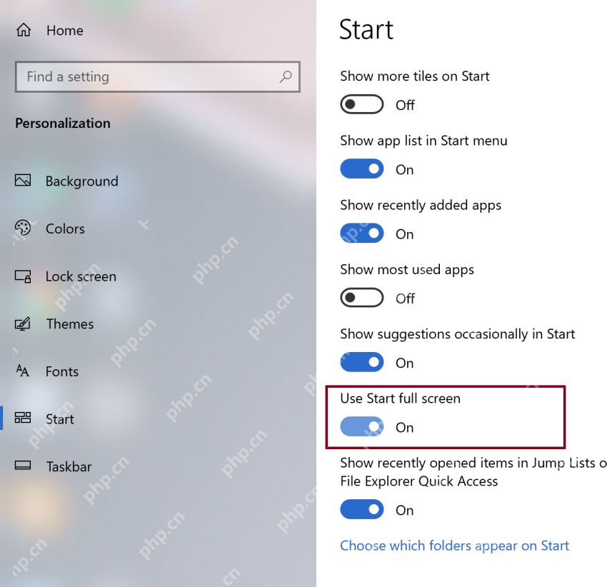 Win10 Start 设置页面中 Use Start full screen 开关处于 On
