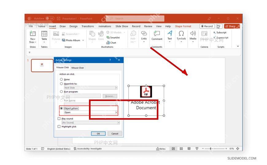 PowerPoint 动作设置窗口为嵌入对象设置单击打开文件