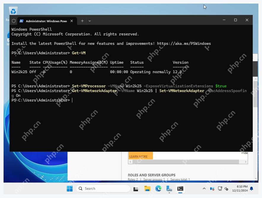 管理员 PowerShell 中执行 Set-VMProcessor ExposeVirtualizationExtensions 开启嵌套虚拟化
