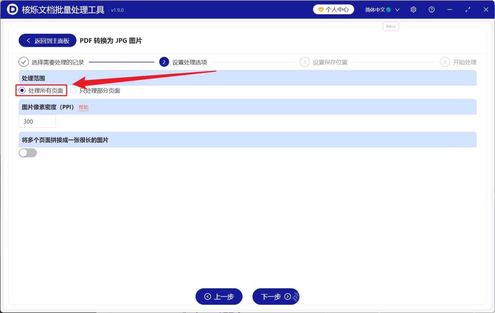 PDF 转 JPG 设置页中选择处理所有页面和 300 PPI 的界面