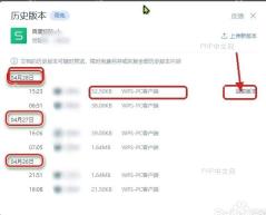 WPS历史版本窗口中按日期排列的表格版本列表