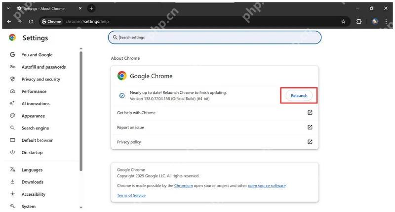 Chrome 更新完成前的重新启动按钮