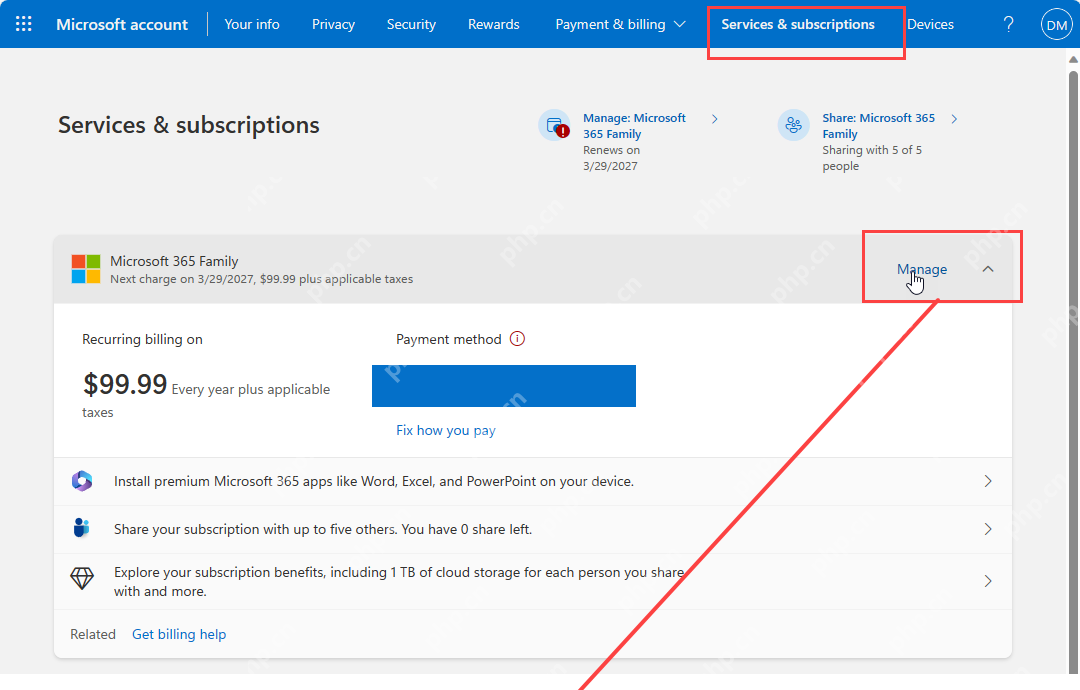 Microsoft account服务和订阅页面显示Microsoft 365 Family权益卡片