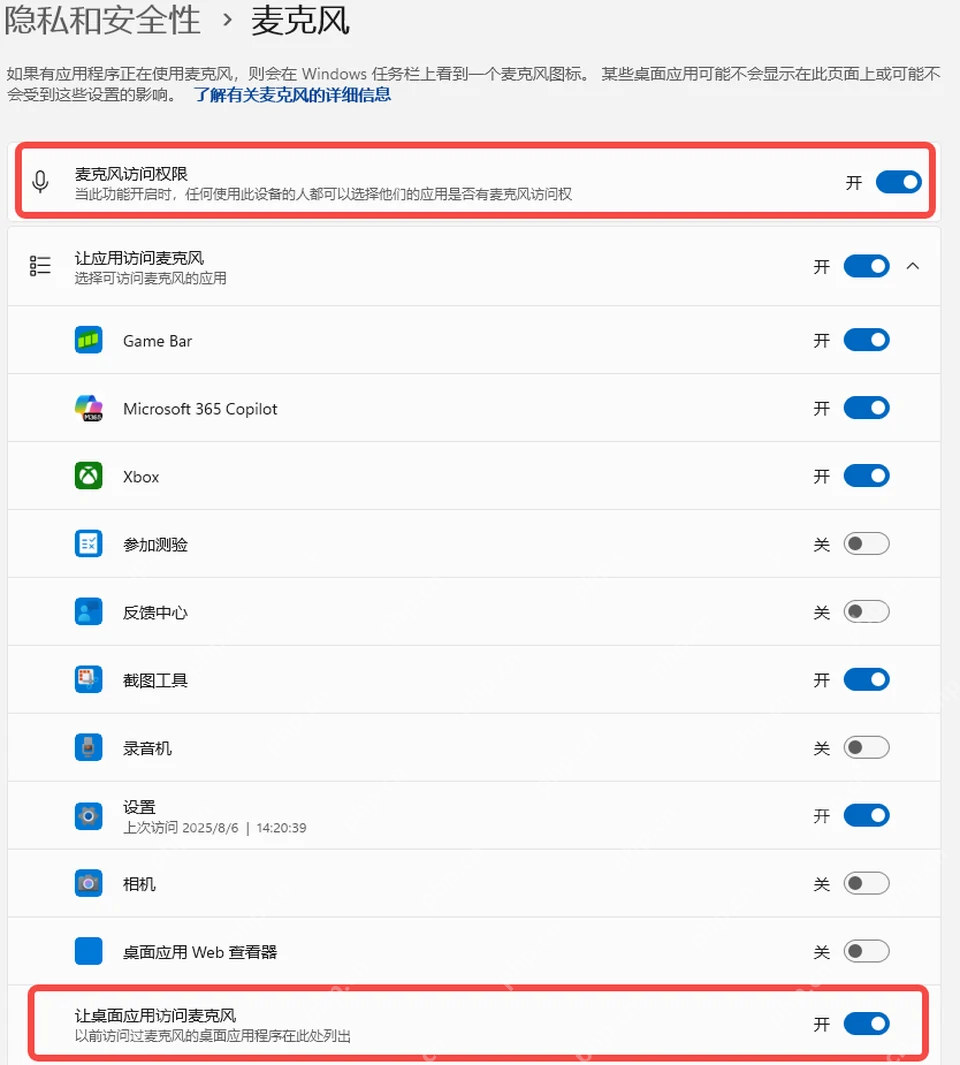 Windows 11 麦克风访问和应用访问开关