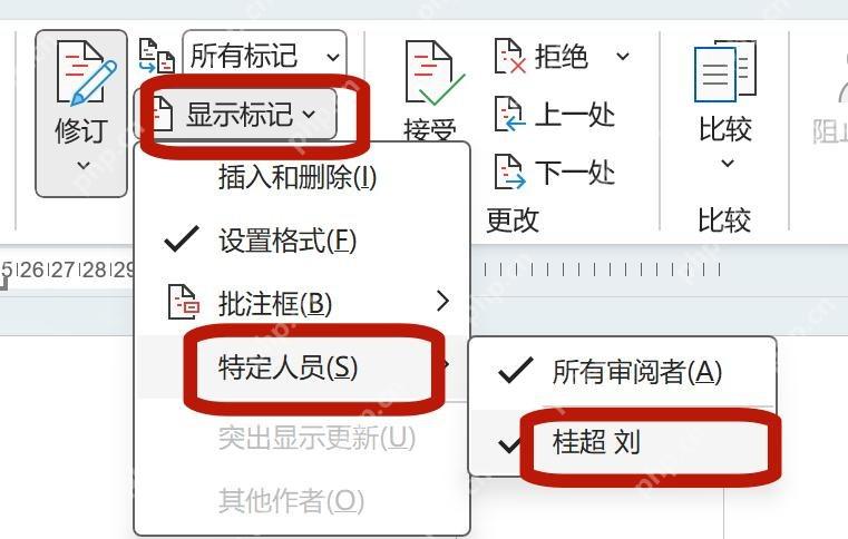 Word 显示标记中按人员筛选修订的中文界面