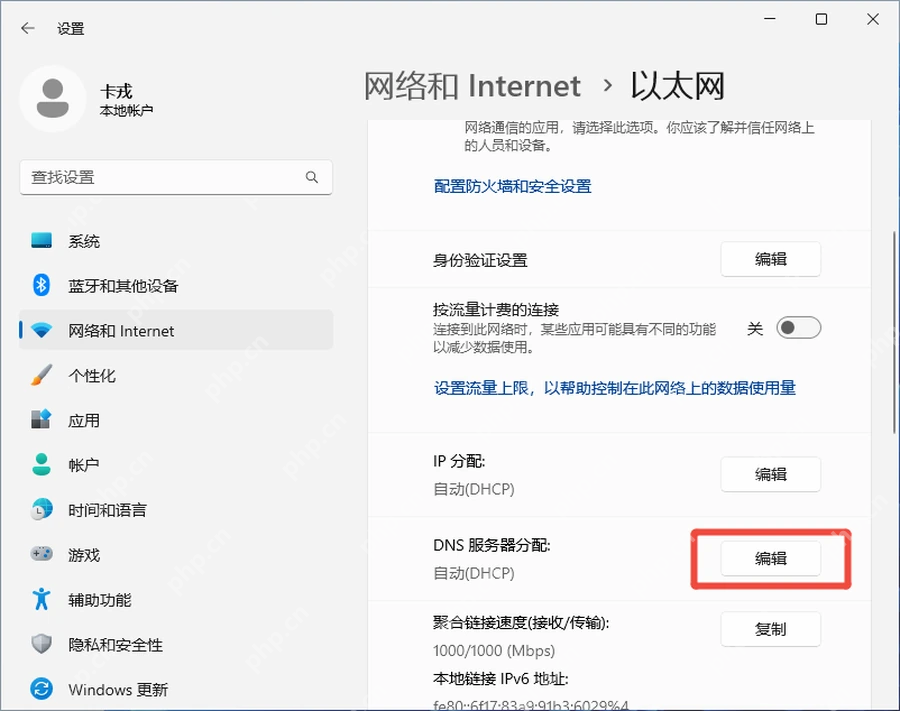 Windows11 以太网页面中的 DNS 服务器分配编辑入口