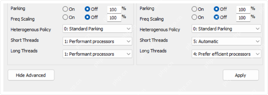 ParkControl Plugged In AC 的 Freq Scaling 区域和 Apply 按钮。