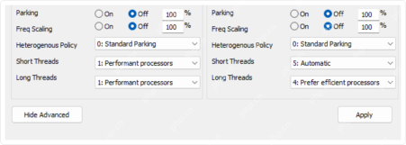 ParkControl Plugged In AC 的 Freq Scaling 区域和 Apply 按钮。