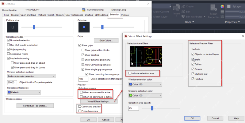 Windows AutoCAD Visual Effect Settings 与 Selection Preview Filter 官方截图,证明打开后不能操作时还要收紧选择高亮和预览效果。
