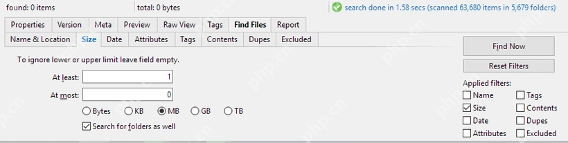 XYplorer Find Files 面板中的 Size 选项卡。