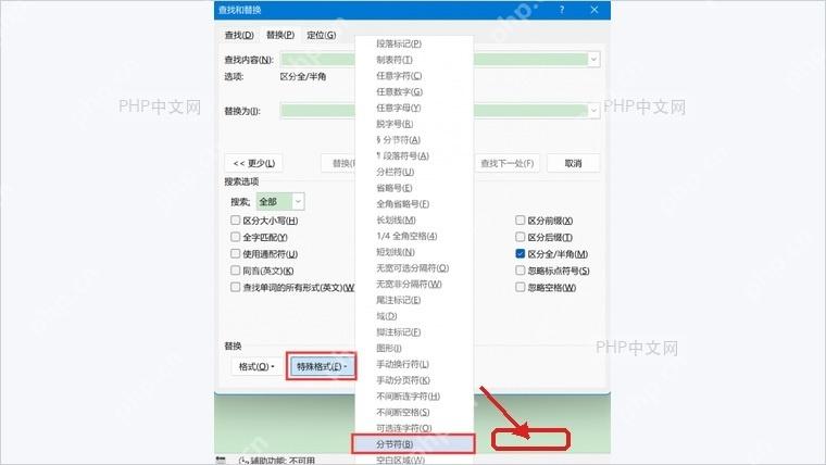Word查找和替换窗口中特殊格式菜单选择分节符