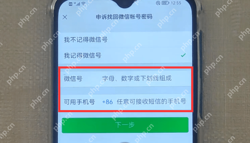 微信账号申诉填写微信号和手机号码页面