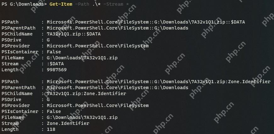 用 PowerShell 查看流名和长度