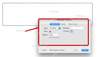 Adobe Acrobat 页面里选中矩形并打开 Rectangle Properties 属性窗口，用于修改形状样式