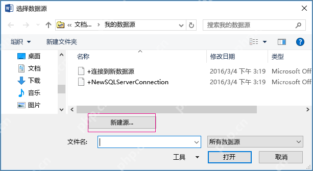 Word 选择数据源窗口中浏览本地文件并打开数据源