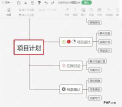 WPS 思维导图编辑界面,项目计划中心主题已打开,服务于打开文件步骤