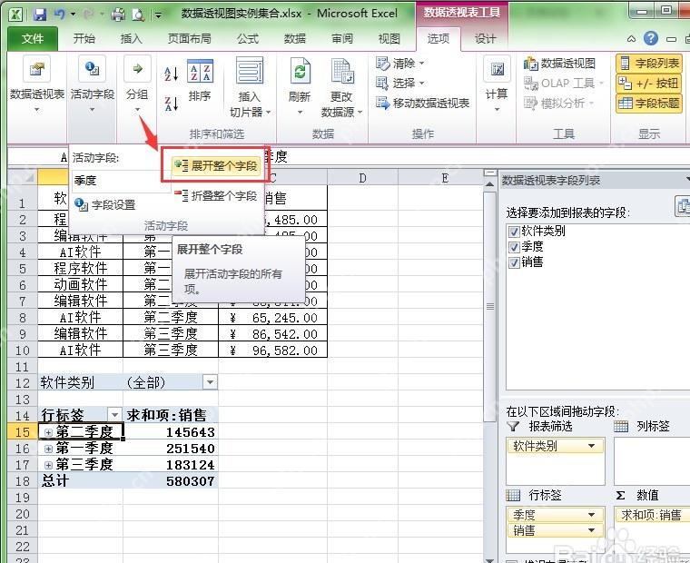 Excel数据透视表分析选项中展开整个字段