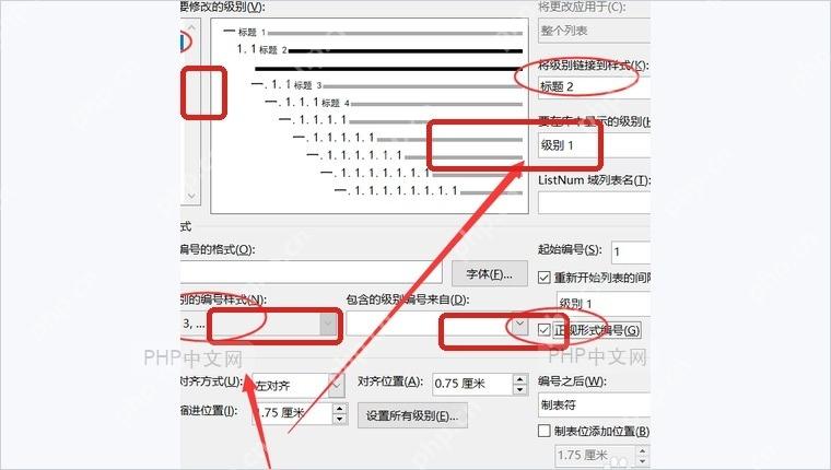 Word 定义新的多级列表窗口中设置级别 2 和标题 2