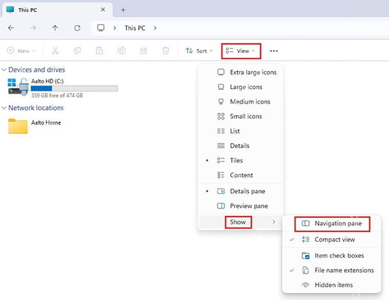 Win11 查看显示菜单开启 Navigation pane 导航窗格