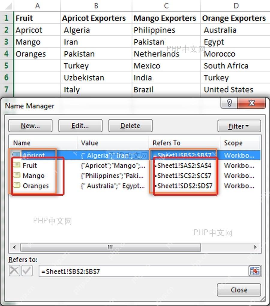Excel名称管理器中检查多个子列表名称和引用位置