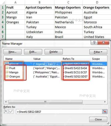 Excel名称管理器中检查多个子列表名称和引用位置