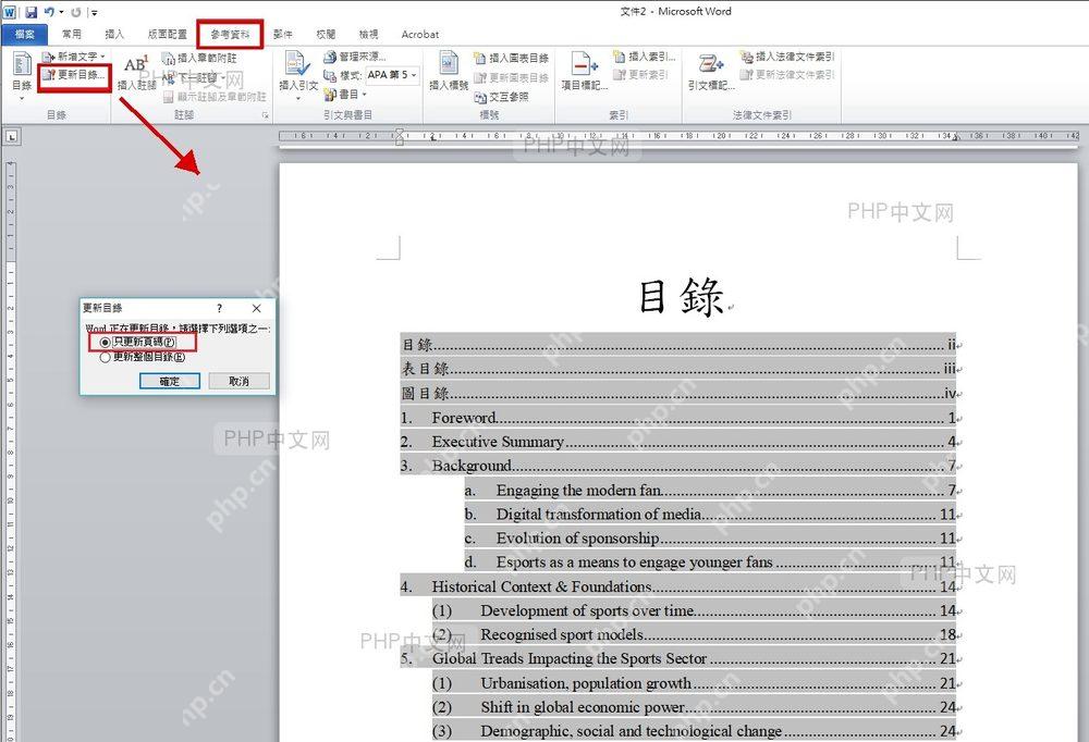 Word 引用选项卡中的更新目录按钮被标出,服务于第二步打开更新目录