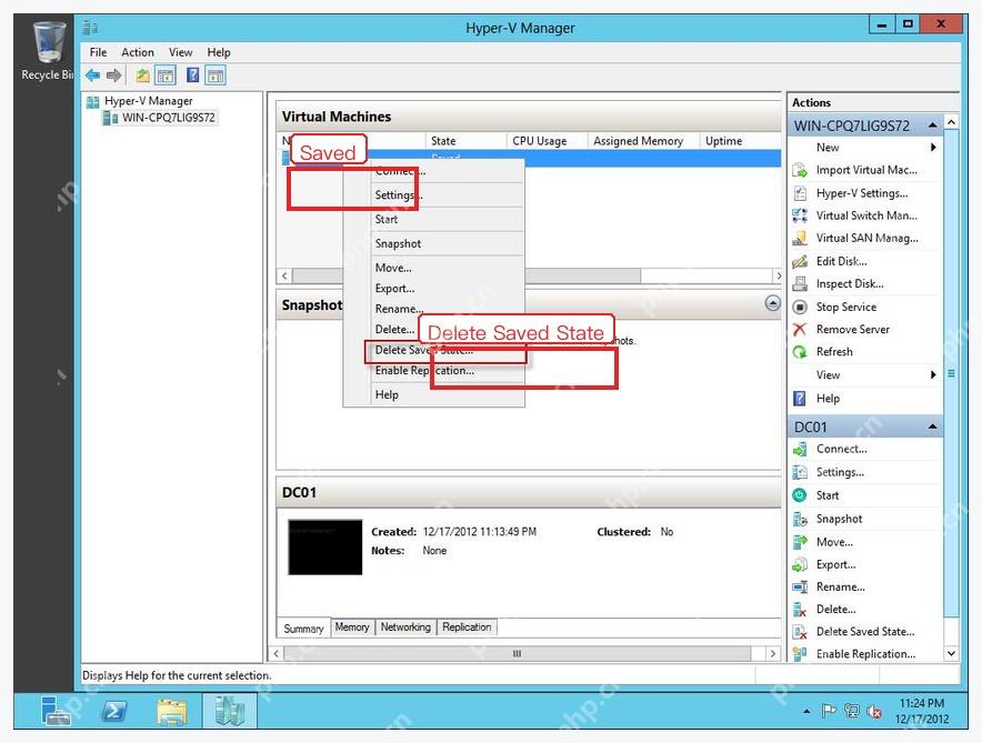 Hyper-V 管理器中 Saved 状态虚拟机右键菜单的 Delete Saved State 入口