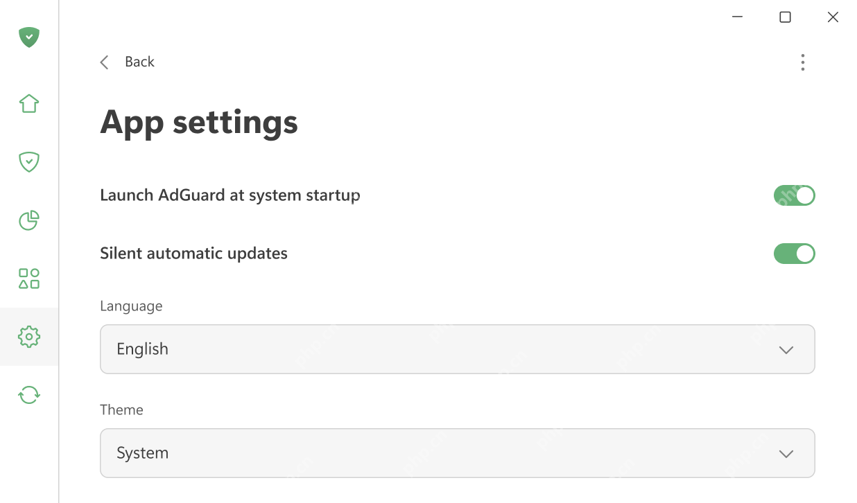 AdGuard App settings 页面中的 Launch AdGuard at system startup