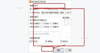 转为WPS文字文档设置窗口，选择输出版式和确认导出按钮，用于完成转换