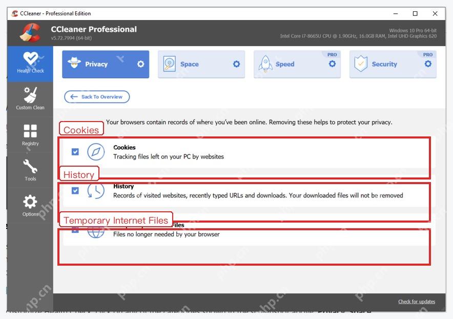 CCleaner Health Check Privacy 页面中的 Cookies History Temporary Internet Files