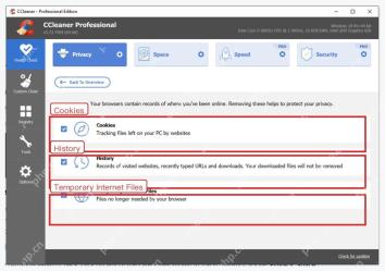 CCleaner Health Check Privacy 页面中的 Cookies History Temporary Internet Files