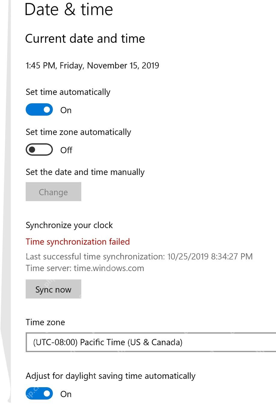 Win10 日期和时间页面显示 Time synchronization failed 同步失败