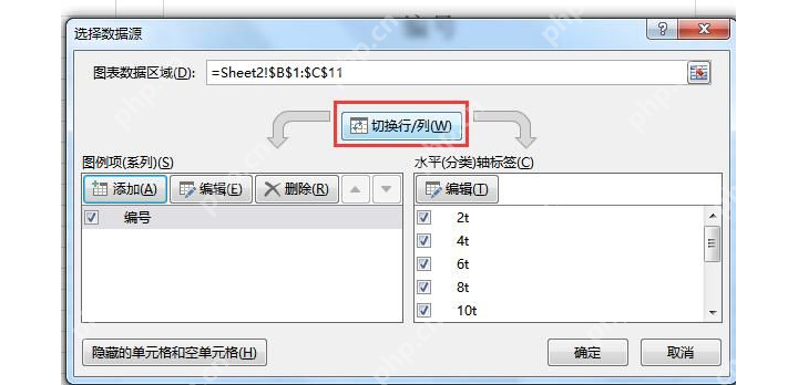 Excel 选择数据源窗口中点击切换行列调整柱状图横纵坐标
