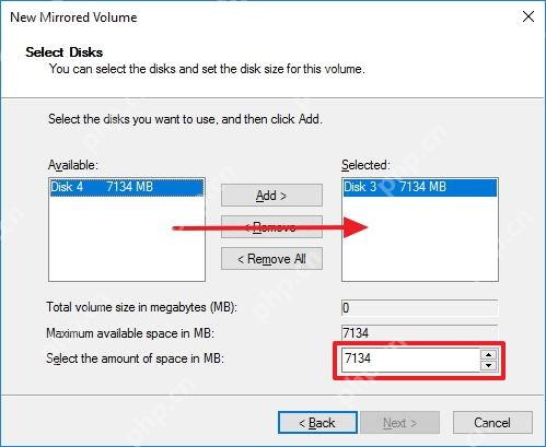 Win10 新建镜像卷向导中添加第二块磁盘
