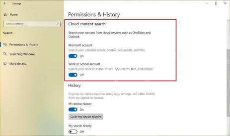 Win10 Search 权限和历史记录页中 Cloud content search 开关区域