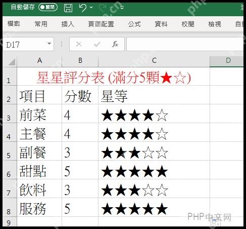 Excel 星级评分公式填充后的结果