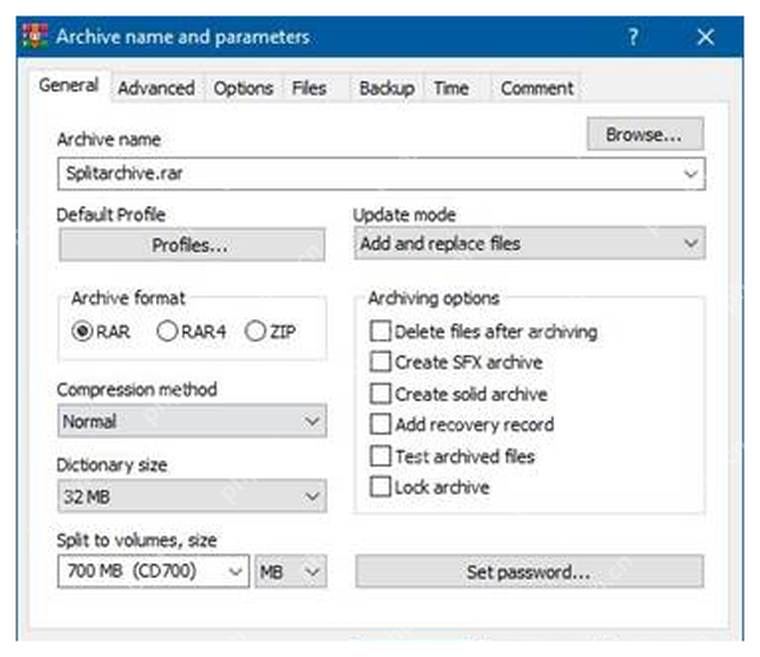 WinRAR 分卷压缩参数窗口显示压缩格式、方式和分卷大小，对应压缩前复核参数。