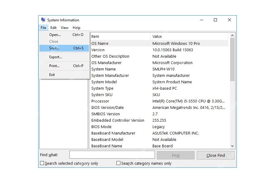 Win10 系统信息窗口打开文件菜单并显示保存选项