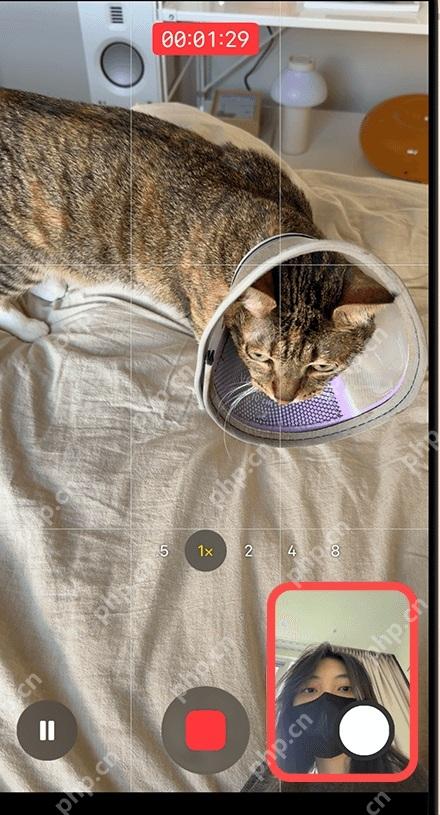 iPhone 同步双拍录制界面,顶部出现录制计时,画面中有前置镜头小窗和停止按钮