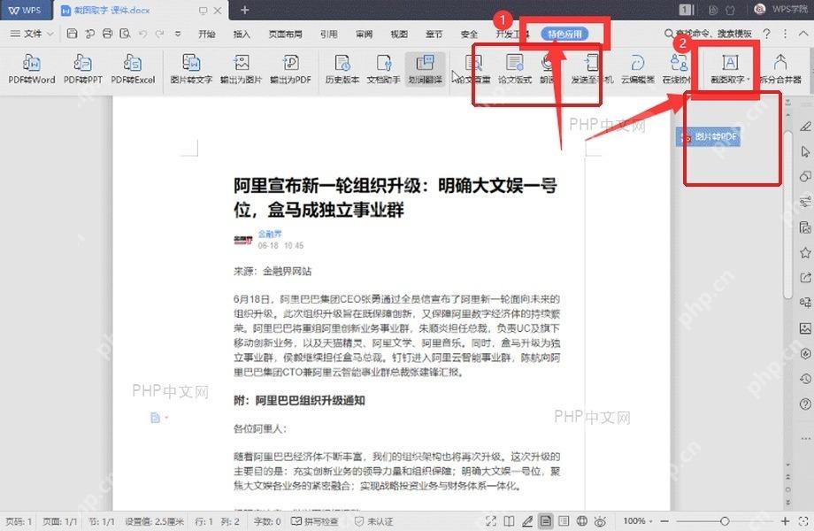 WPS特色应用选项卡中打开截图取字入口