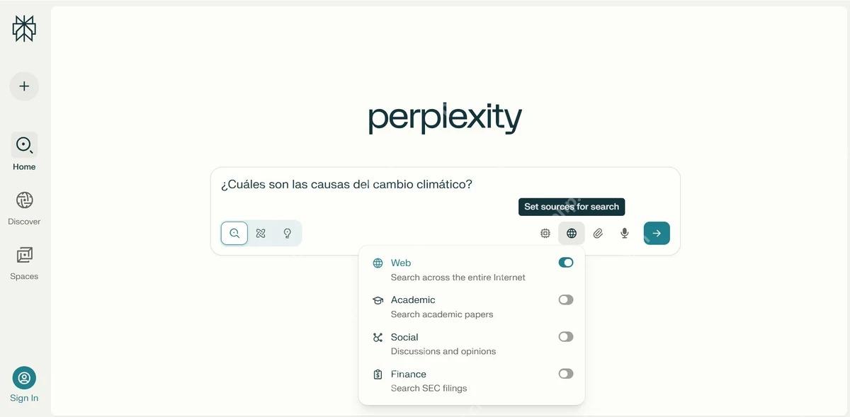 Perplexity网页版搜索来源菜单