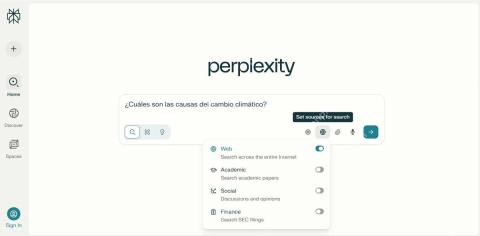 Perplexity网页版搜索来源菜单